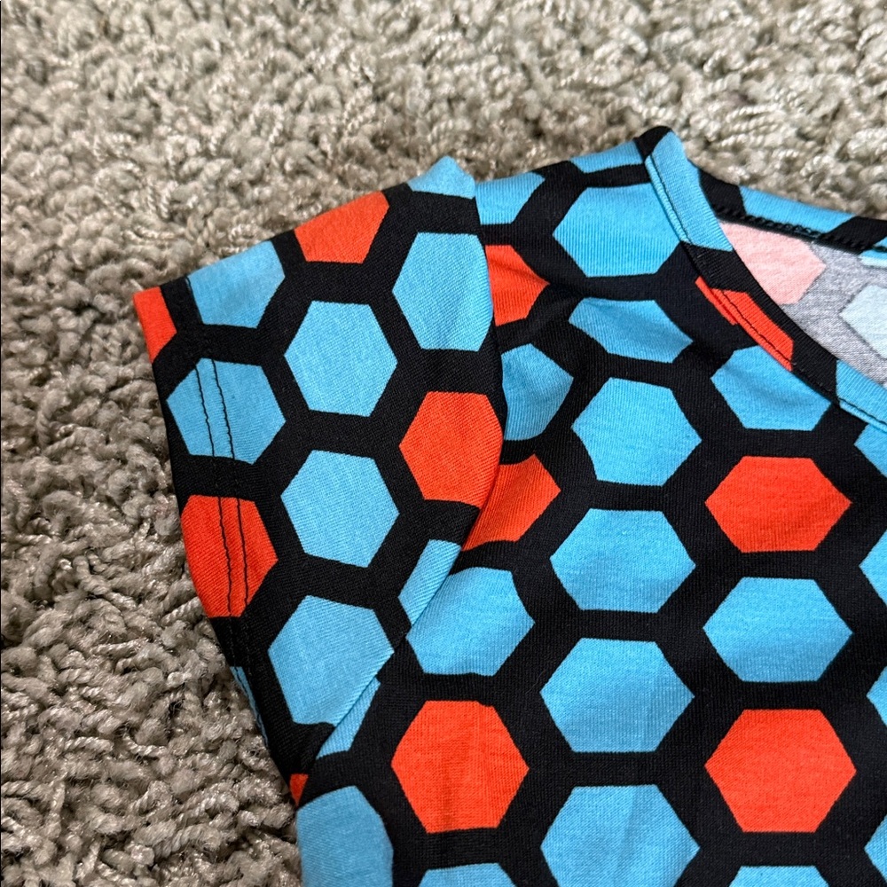LuLaRoe Blue & Orange Hexagon Print Mae Girls' Dress (12) - Picture 5 of 7